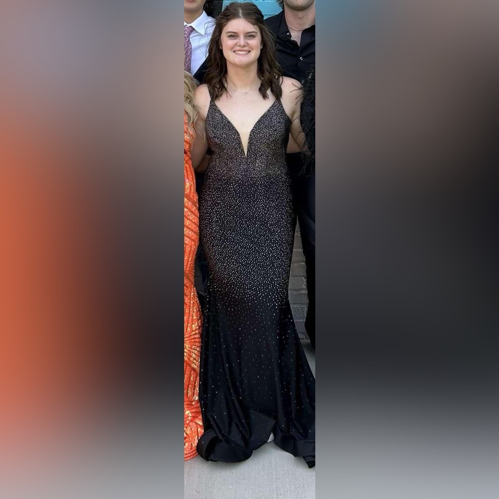 black prom dress with sequins on bottom